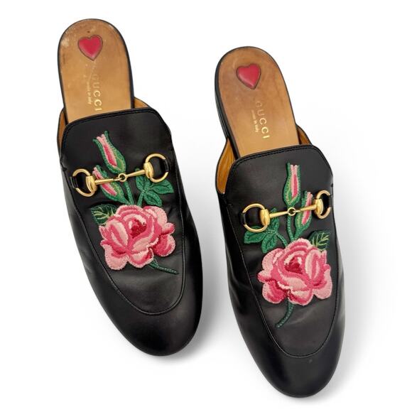 Gucci Princetown Horsebit Loafer Floral Flower Black Leather Mules EU 41 US 11 - Picture 1 of 16